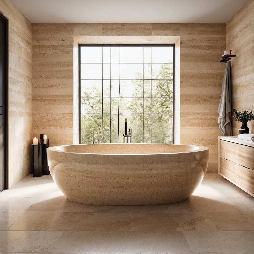 beige oval travertine bathtub